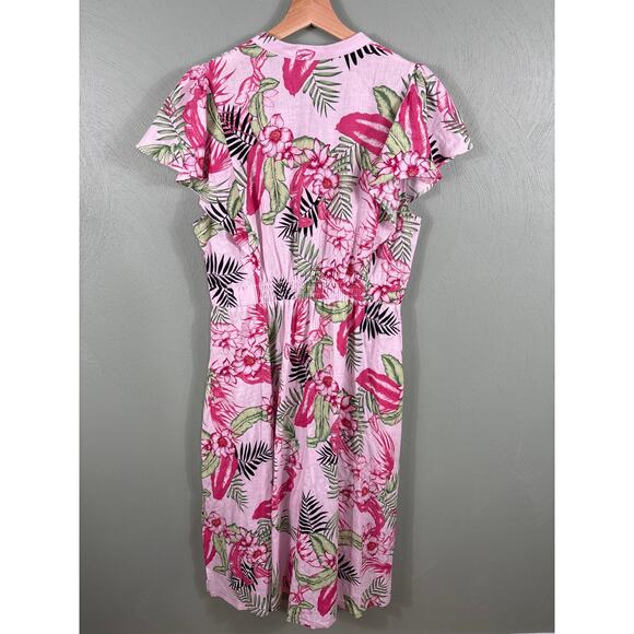 Linen Maxi Dress Rafaella Women's Size XL Pink Floral Tropical Island Cap Sleeve - Picture 2 of 9